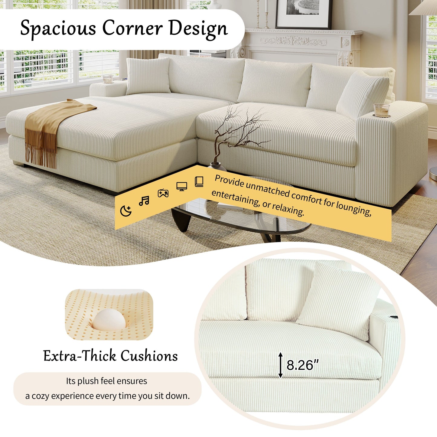 Modern Oversized 3-Seater Sectional Sofa with Cup Holders and USB Charging Ports, Thick Cushions for Living Room