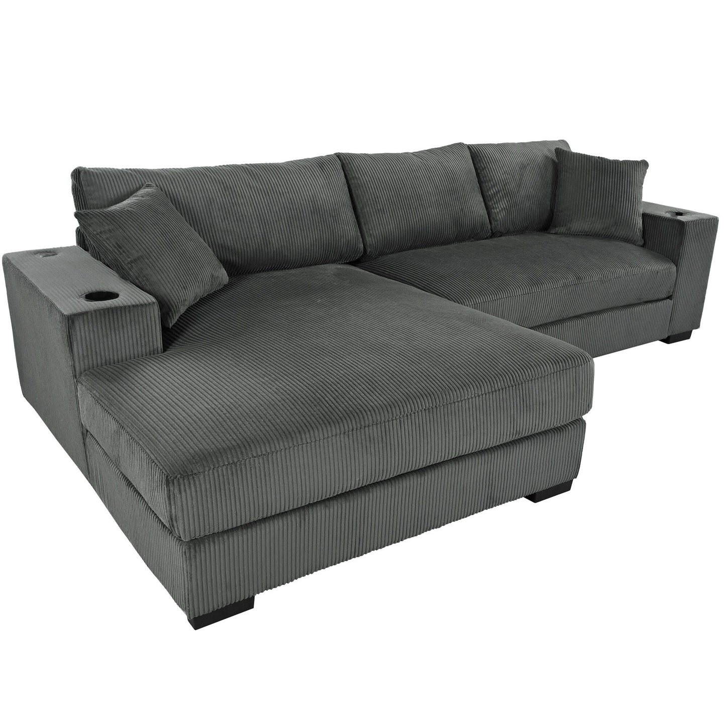 Modern Oversized 3-Seater Sectional Sofa with Cup Holders and USB Charging Ports, Thick Cushions for Living Room