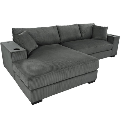 Modern Oversized 3-Seater Sectional Sofa with Cup Holders and USB Charging Ports, Thick Cushions for Living Room