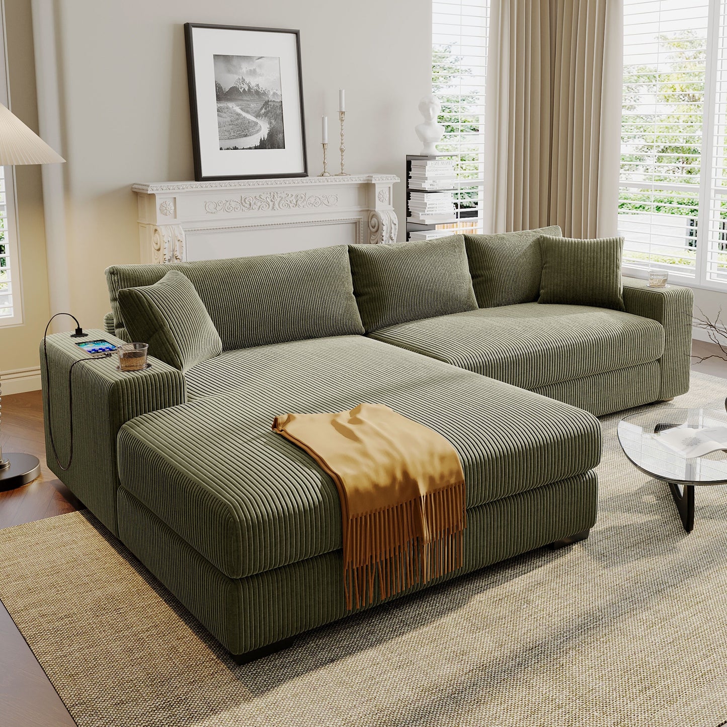 Modern Oversized 3-Seater Sectional Sofa with Cup Holders and USB Charging Ports, Thick Cushions for Living Room
