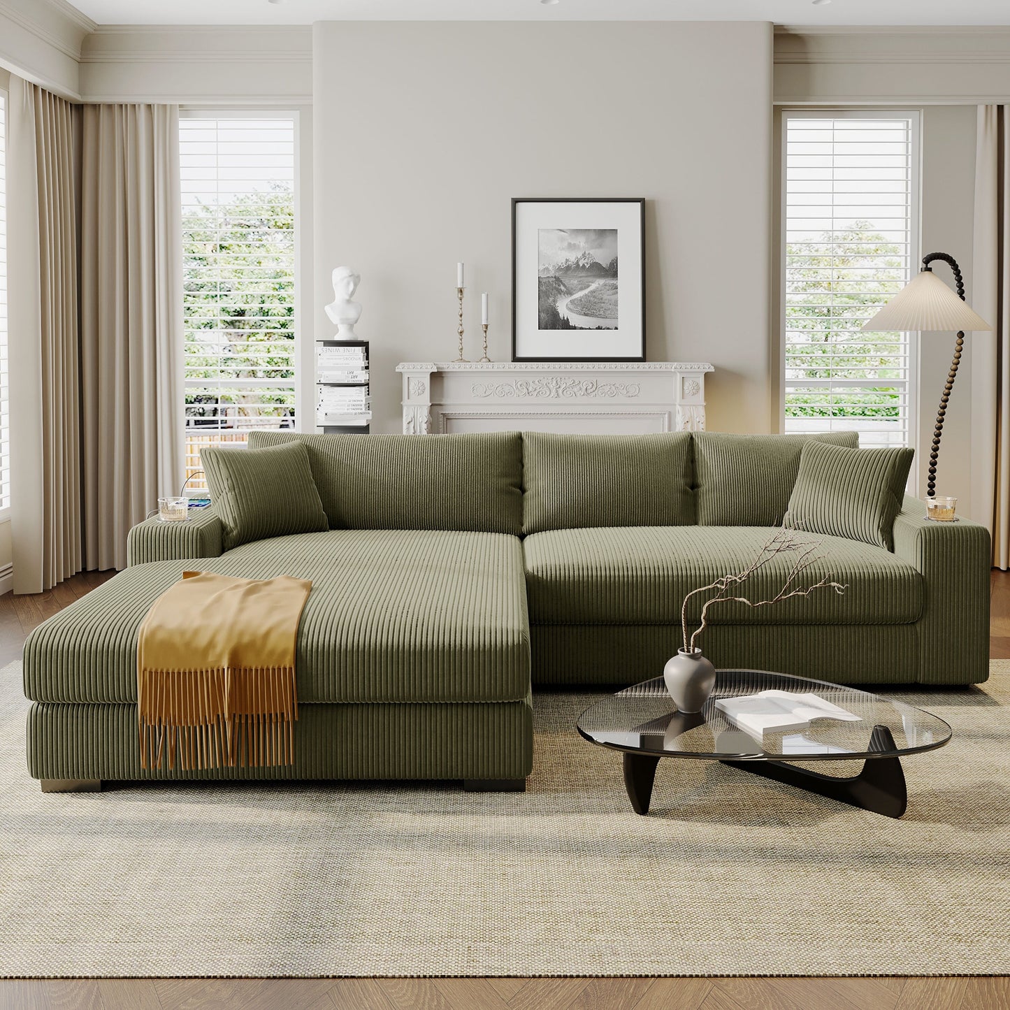 Modern Oversized 3-Seater Sectional Sofa with Cup Holders and USB Charging Ports, Thick Cushions for Living Room