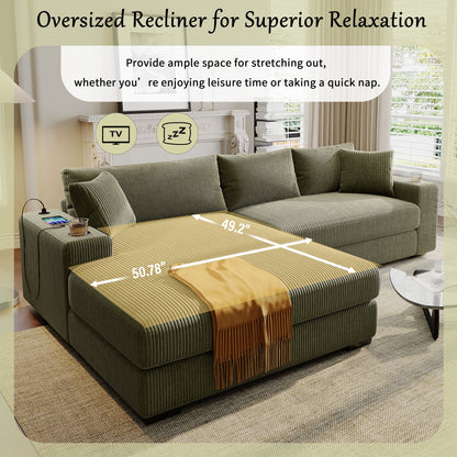 Modern Oversized 3-Seater Sectional Sofa with Cup Holders and USB Charging Ports, Thick Cushions for Living Room