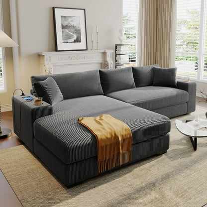 Modern Oversized 3-Seater Sectional Sofa with Cup Holders and USB Charging Ports, Thick Cushions for Living Room