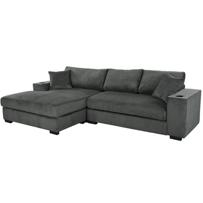 Modern Oversized 3-Seater Sectional Sofa with Cup Holders and USB Charging Ports, Thick Cushions for Living Room