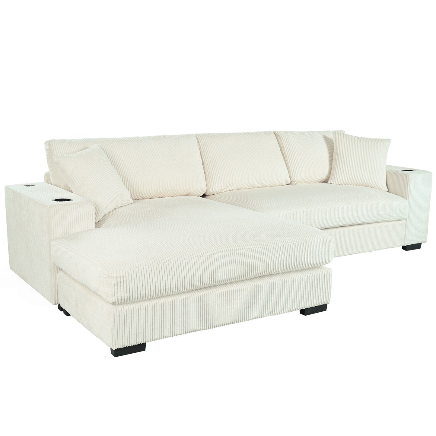 Modern Oversized 3-Seater Sectional Sofa with Cup Holders and USB Charging Ports, Thick Cushions for Living Room