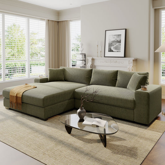 Modern Oversized 3-Seater Sectional Sofa with Cup Holders and USB Charging Ports, Thick Cushions for Living Room