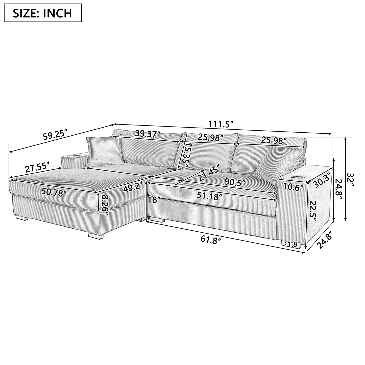 Modern Oversized 3-Seater Sectional Sofa with Cup Holders and USB Charging Ports, Thick Cushions for Living Room
