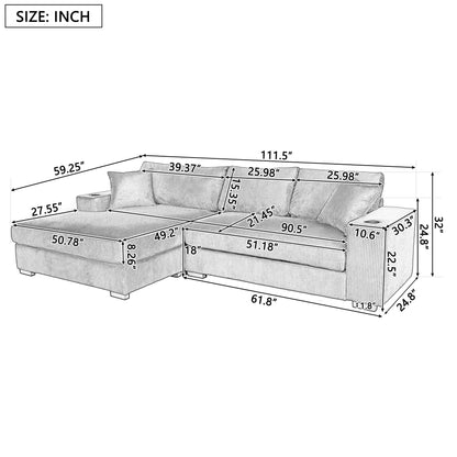 Modern Oversized 3-Seater Sectional Sofa with Cup Holders and USB Charging Ports, Thick Cushions for Living Room