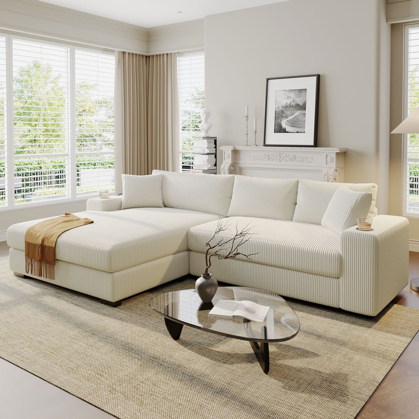 Modern Oversized 3-Seater Sectional Sofa with Cup Holders and USB Charging Ports, Thick Cushions for Living Room