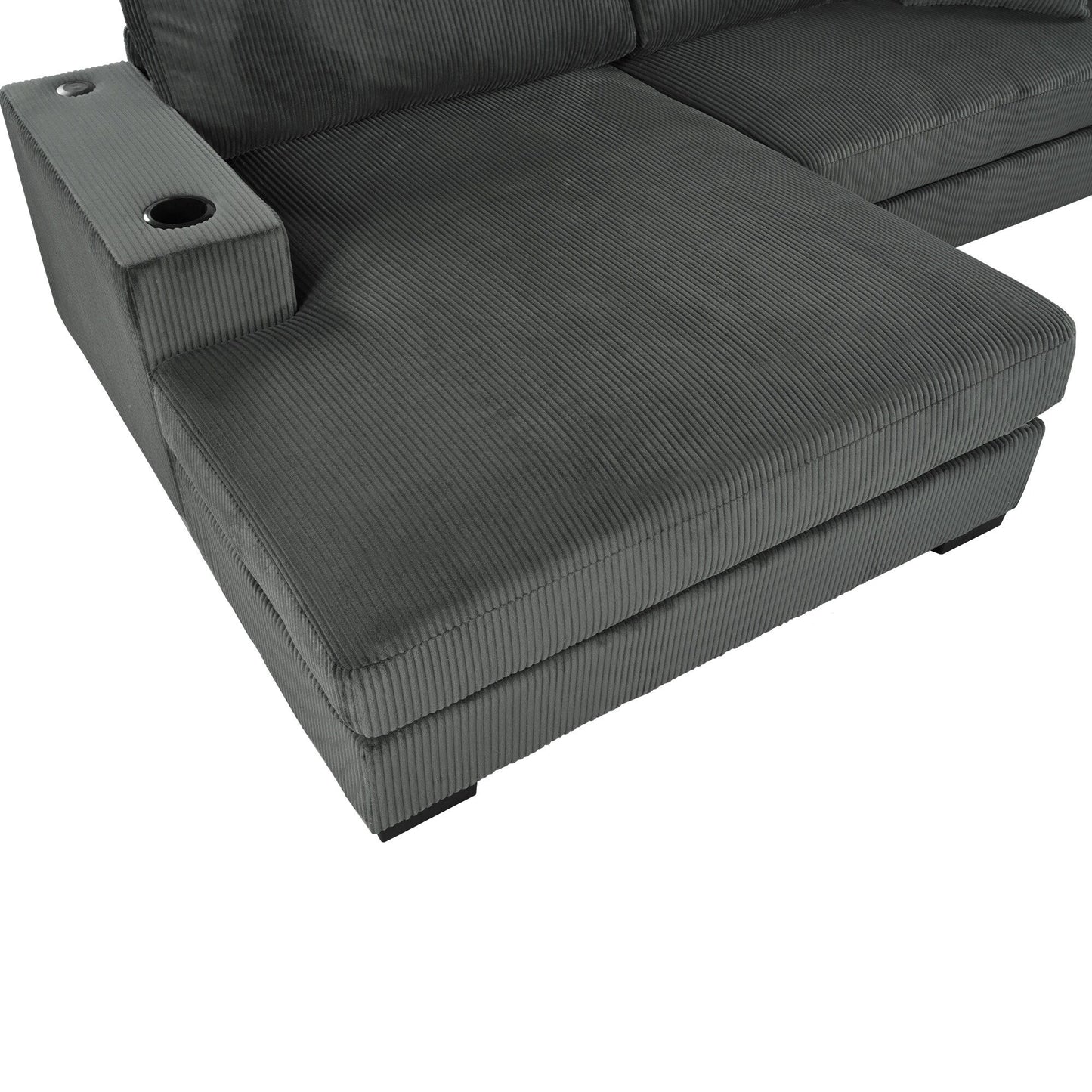 Modern Oversized 3-Seater Sectional Sofa with Cup Holders and USB Charging Ports, Thick Cushions for Living Room