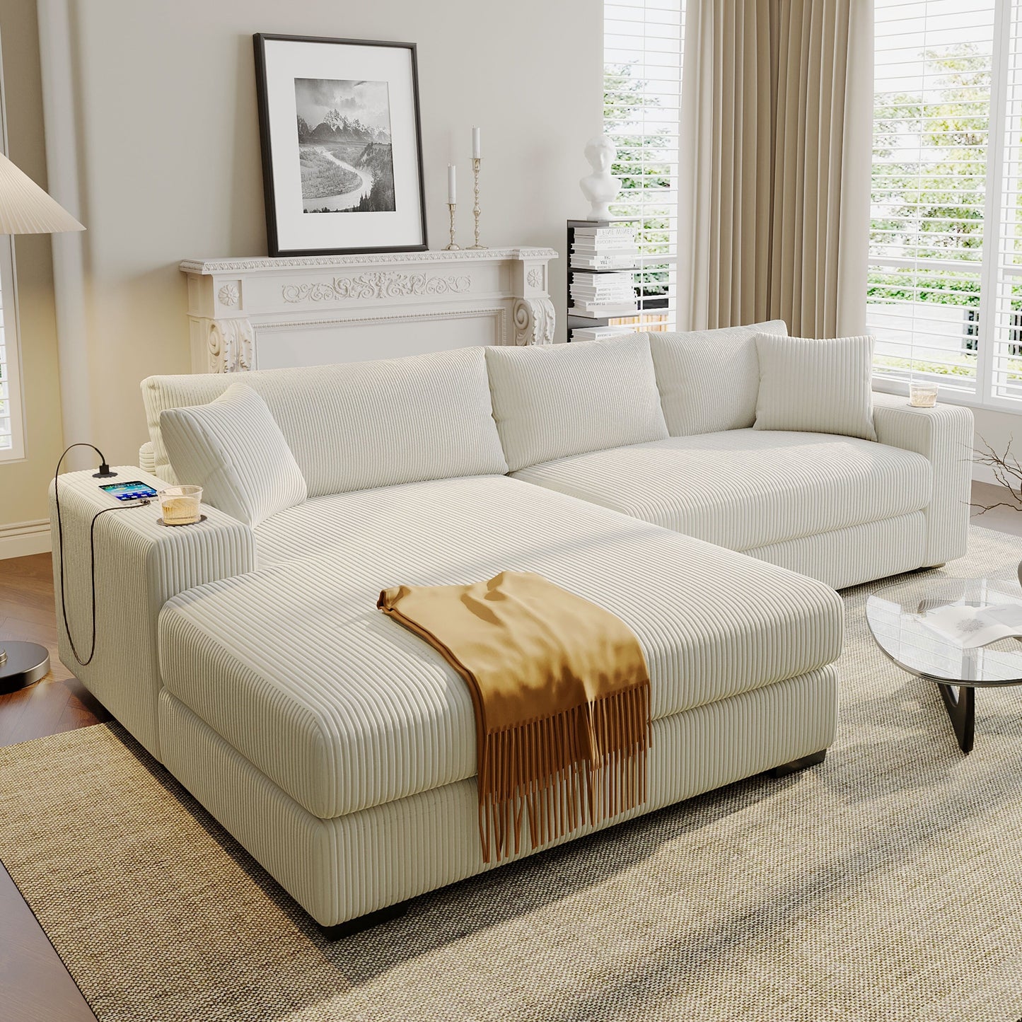 Modern Oversized 3-Seater Sectional Sofa with Cup Holders and USB Charging Ports, Thick Cushions for Living Room