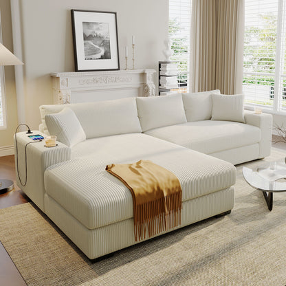 Modern Oversized 3-Seater Sectional Sofa with Cup Holders and USB Charging Ports, Thick Cushions for Living Room