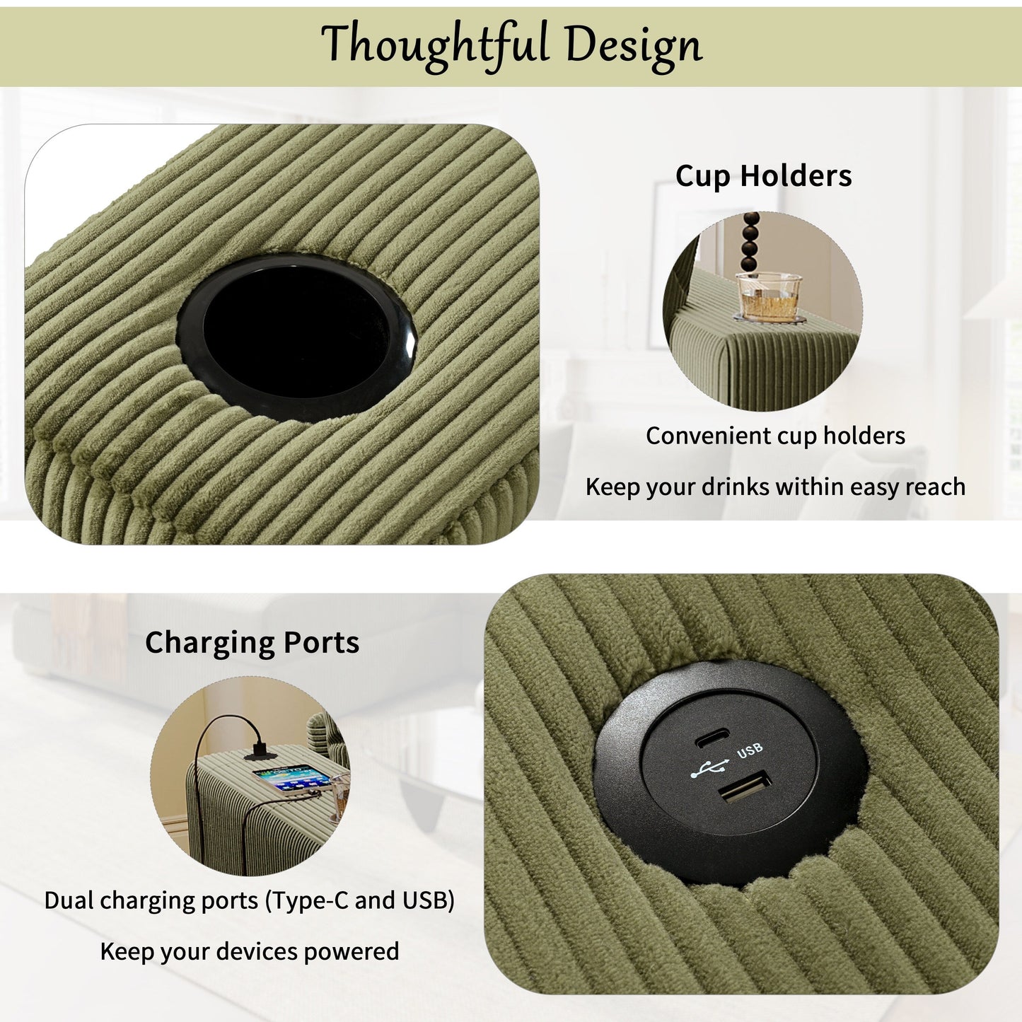 Modern Oversized 3-Seater Sectional Sofa with Cup Holders and USB Charging Ports, Thick Cushions for Living Room
