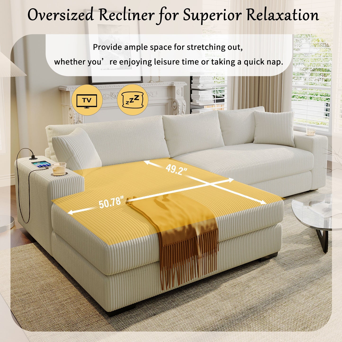 Modern Oversized 3-Seater Sectional Sofa with Cup Holders and USB Charging Ports, Thick Cushions for Living Room