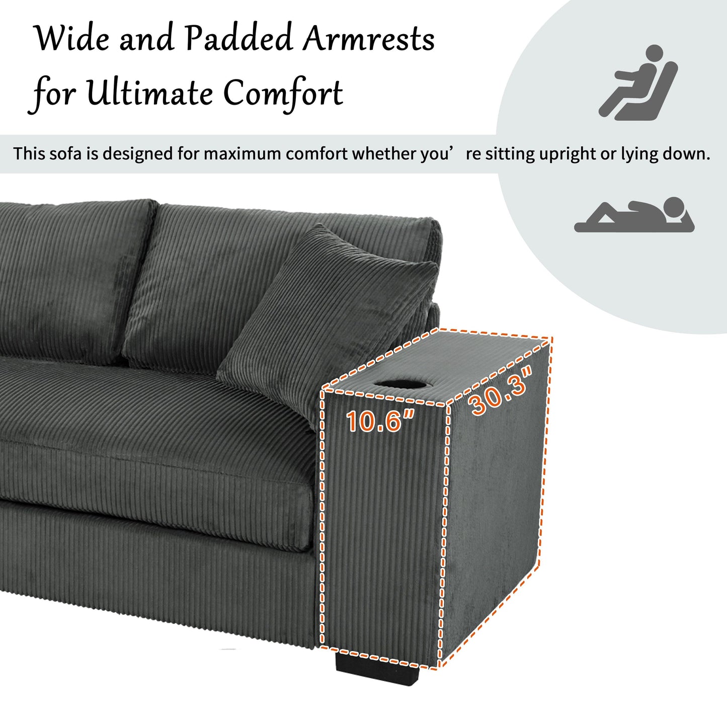 Modern Oversized 3-Seater Sectional Sofa with Cup Holders and USB Charging Ports, Thick Cushions for Living Room