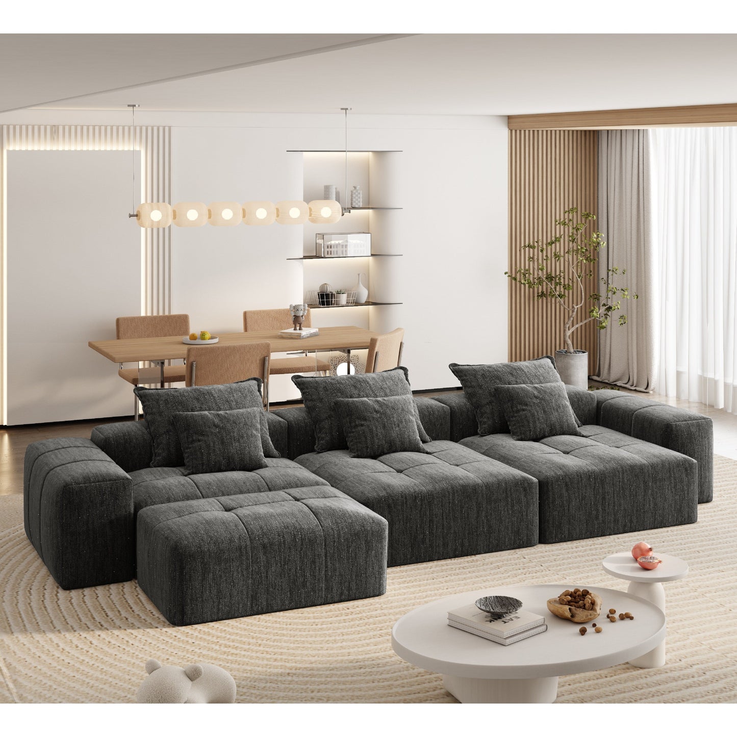 Modern Oversized Chenille Modular Sectional Sofa Tufted Sofa with 6 Pillows and Ottoman for Living Room