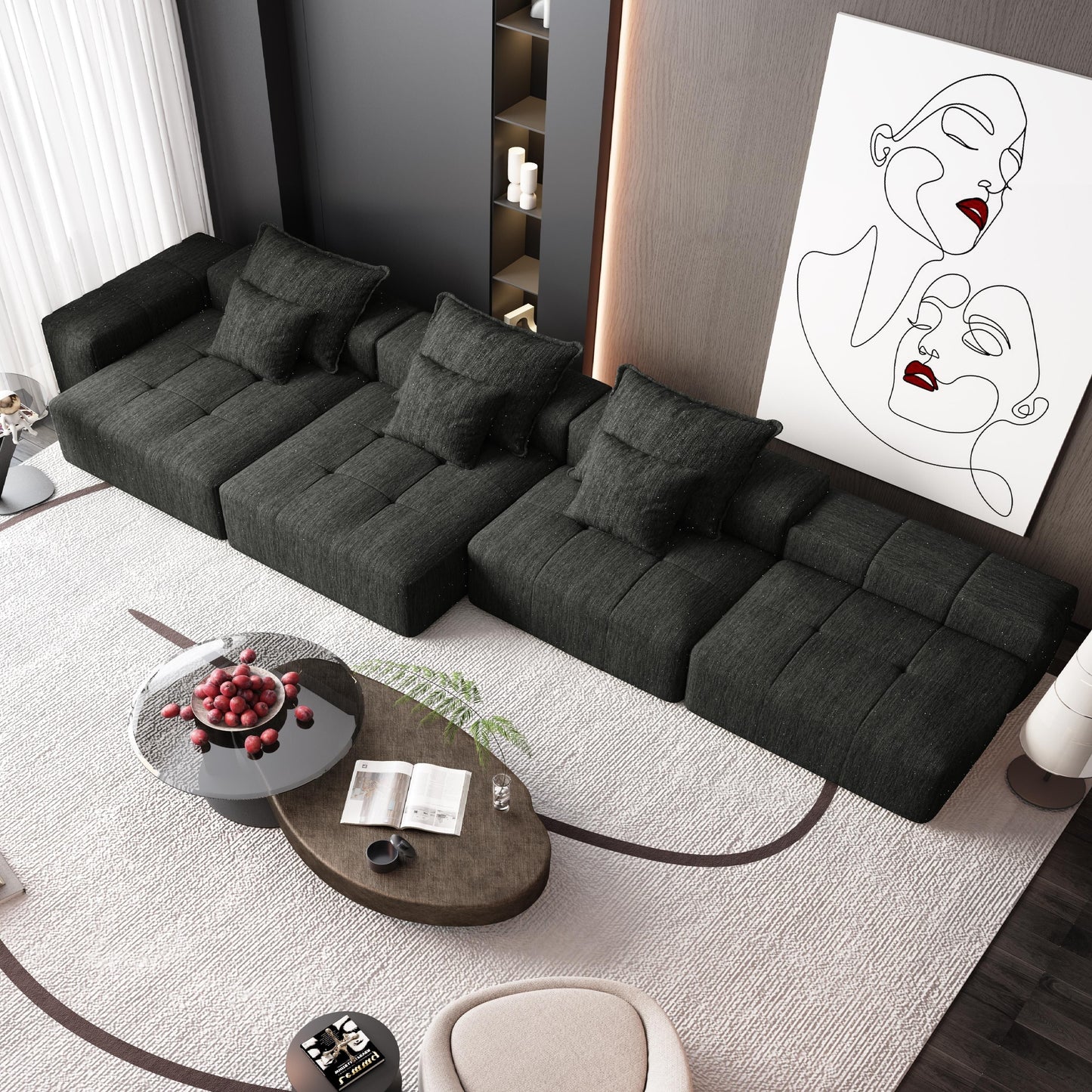 Modern Oversized Chenille Modular Sectional Sofa Tufted Sofa with 6 Pillows and Ottoman for Living Room