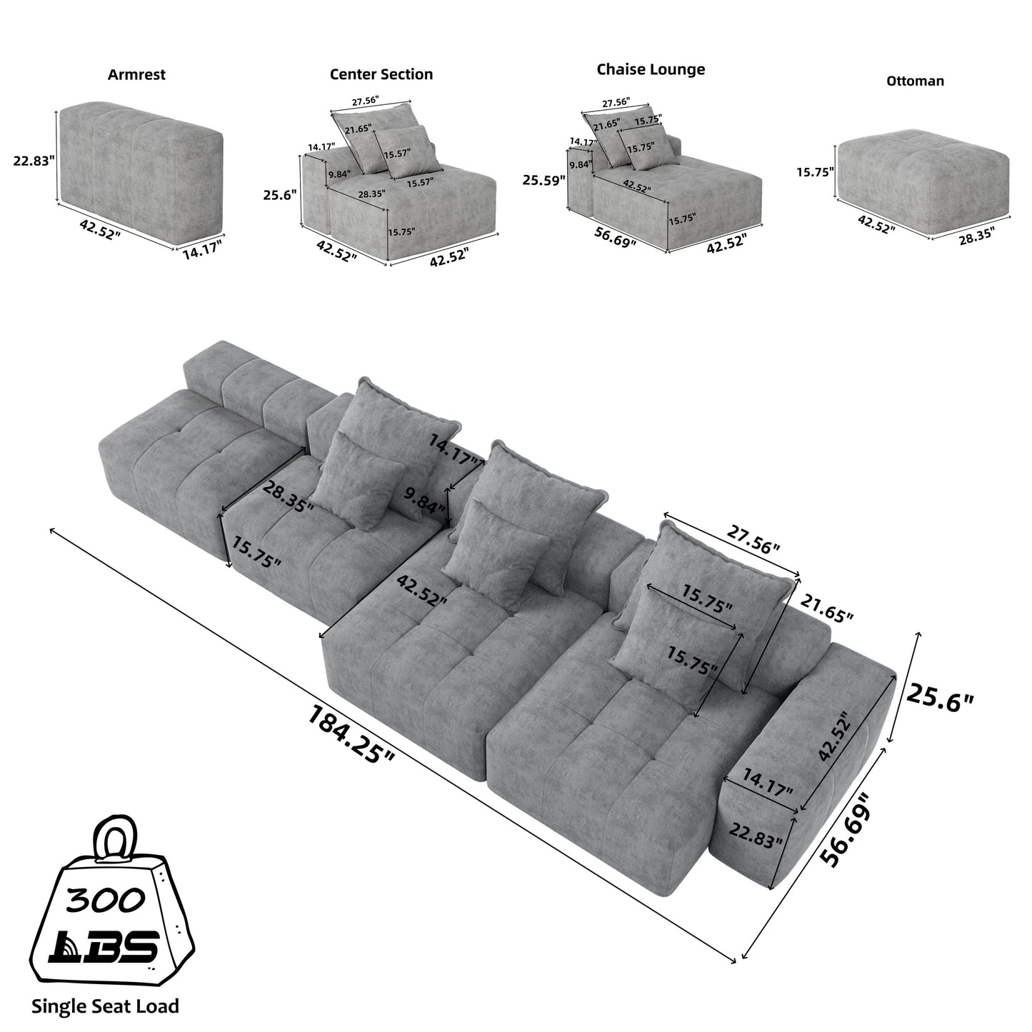 Modern Oversized Chenille Modular Sectional Sofa Tufted Sofa with 6 Pillows and Ottoman for Living Room