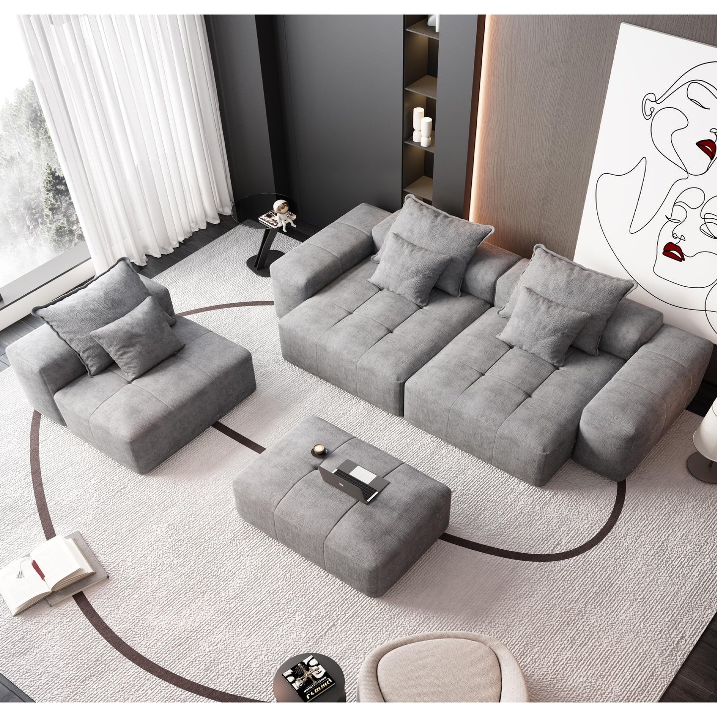 Modern Oversized Chenille Modular Sectional Sofa Tufted Sofa with 6 Pillows and Ottoman for Living Room