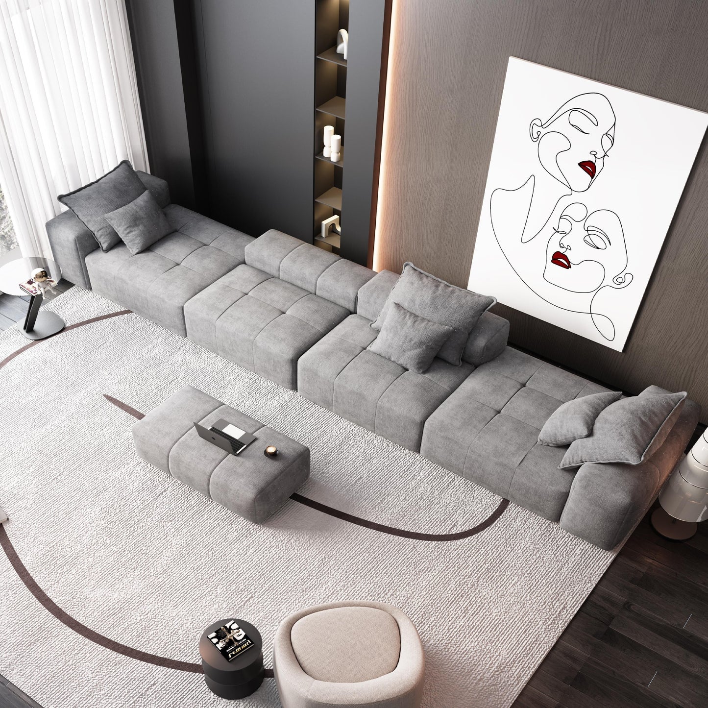 Modern Oversized Chenille Modular Sectional Sofa Tufted Sofa with 6 Pillows and Ottoman for Living Room