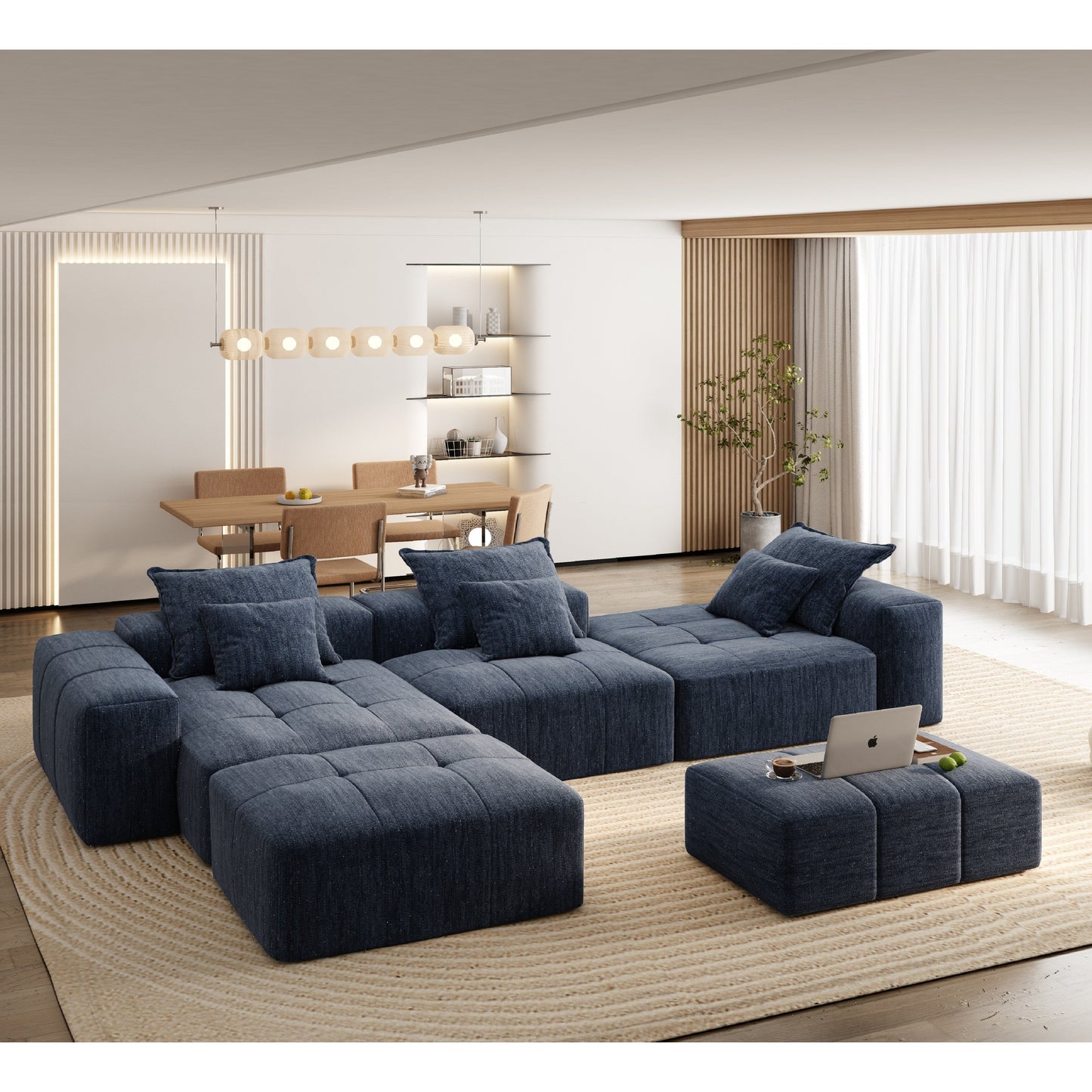 Modern Oversized Chenille Modular Sectional Sofa Tufted Sofa with 6 Pillows and Ottoman for Living Room