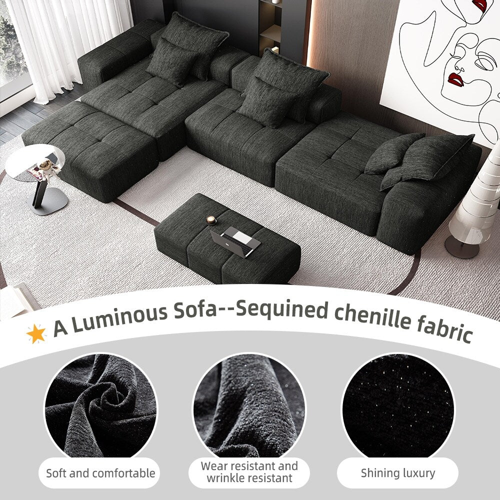 Modern Oversized Chenille Modular Sectional Sofa Tufted Sofa with 6 Pillows and Ottoman for Living Room
