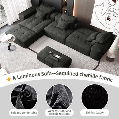 Modern Oversized Chenille Modular Sectional Sofa Tufted Sofa with 6 Pillows and Ottoman for Living Room