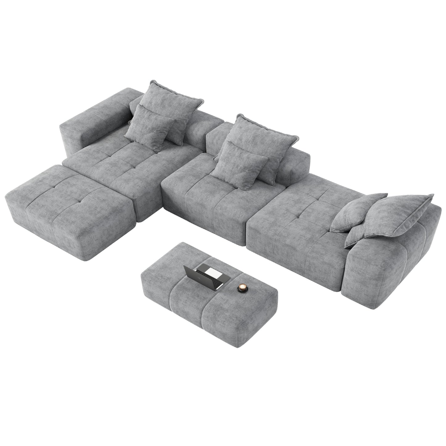 Modern Oversized Chenille Modular Sectional Sofa Tufted Sofa with 6 Pillows and Ottoman for Living Room