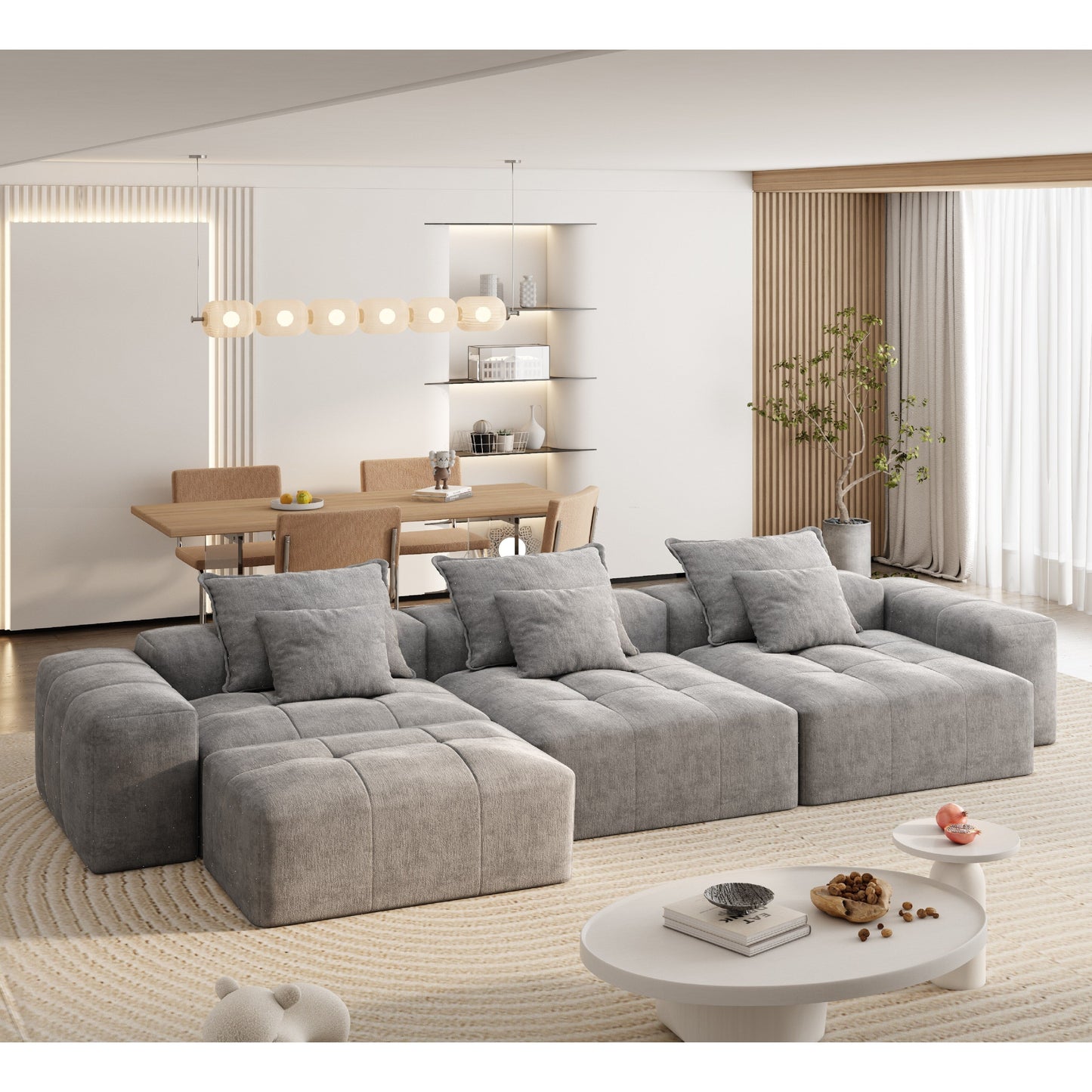 Modern Oversized Chenille Modular Sectional Sofa Tufted Sofa with 6 Pillows and Ottoman for Living Room