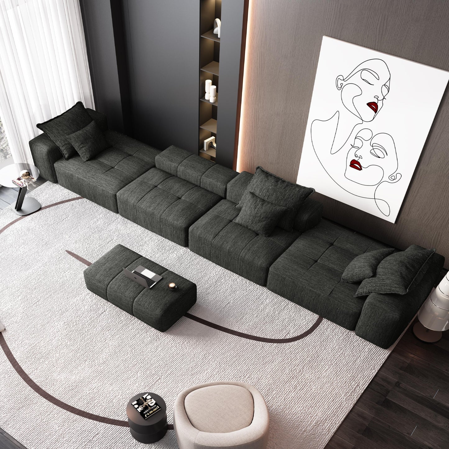 Modern Oversized Chenille Modular Sectional Sofa Tufted Sofa with 6 Pillows and Ottoman for Living Room