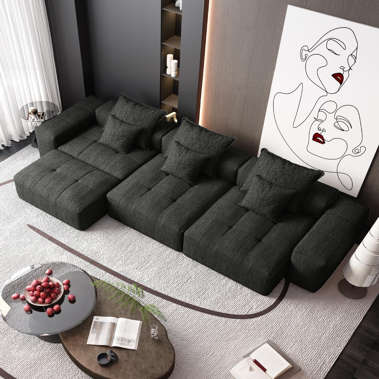 Modern Oversized Chenille Modular Sectional Sofa Tufted Sofa with 6 Pillows and Ottoman for Living Room