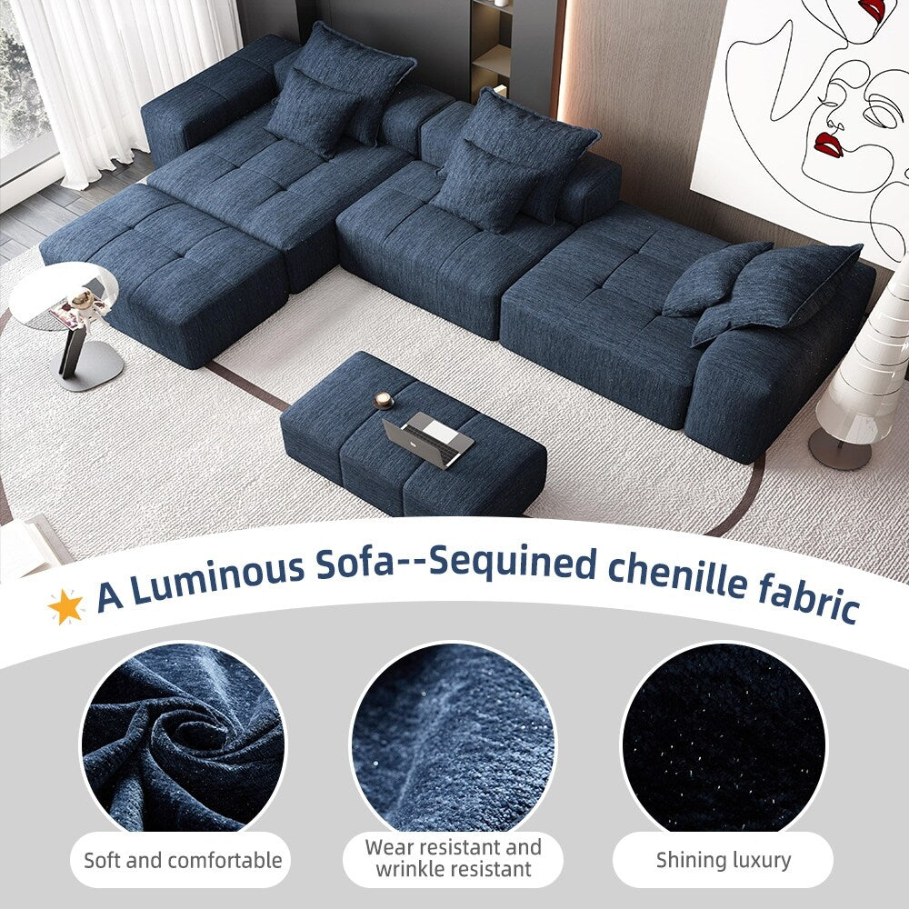 Modern Oversized Chenille Modular Sectional Sofa Tufted Sofa with 6 Pillows and Ottoman for Living Room