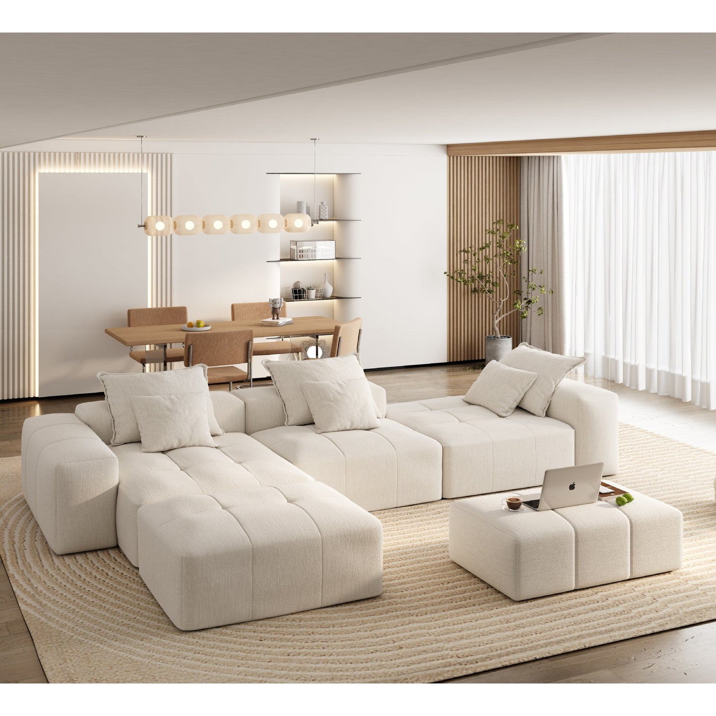 Modern Oversized Chenille Modular Sectional Sofa Tufted Sofa with 6 Pillows and Ottoman for Living Room