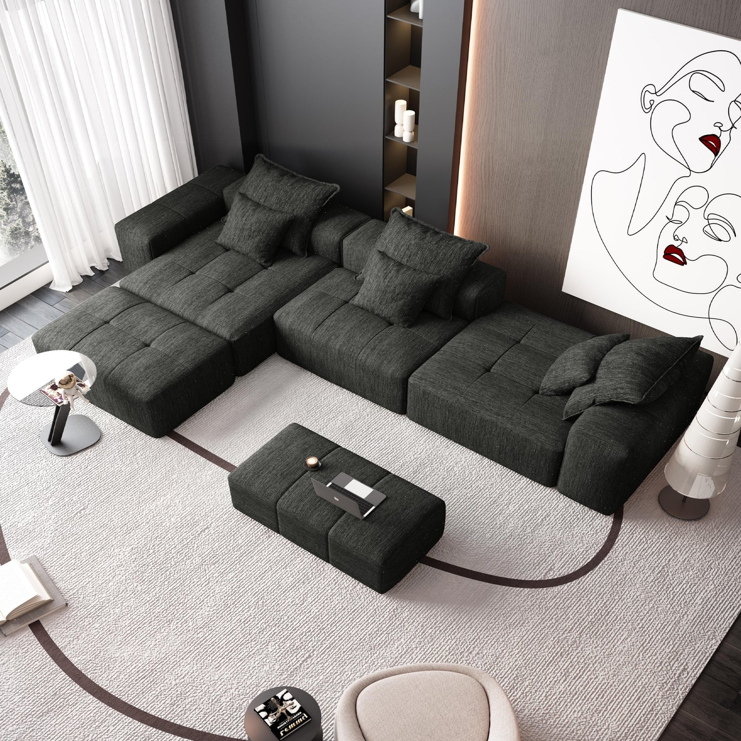 Modern Oversized Chenille Modular Sectional Sofa Tufted Sofa with 6 Pillows and Ottoman for Living Room
