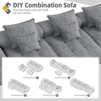 Modern Oversized Chenille Modular Sectional Sofa Tufted Sofa with 6 Pillows and Ottoman for Living Room
