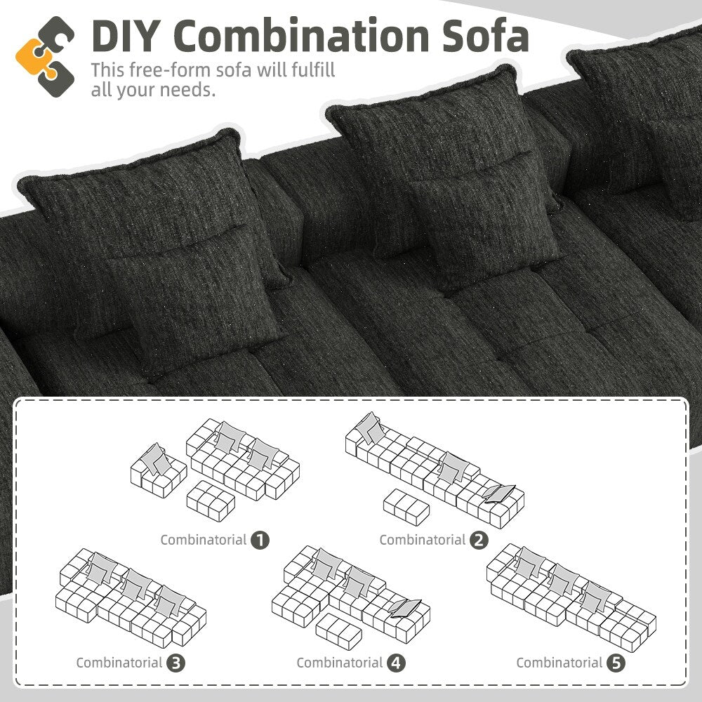 Modern Oversized Chenille Modular Sectional Sofa Tufted Sofa with 6 Pillows and Ottoman for Living Room