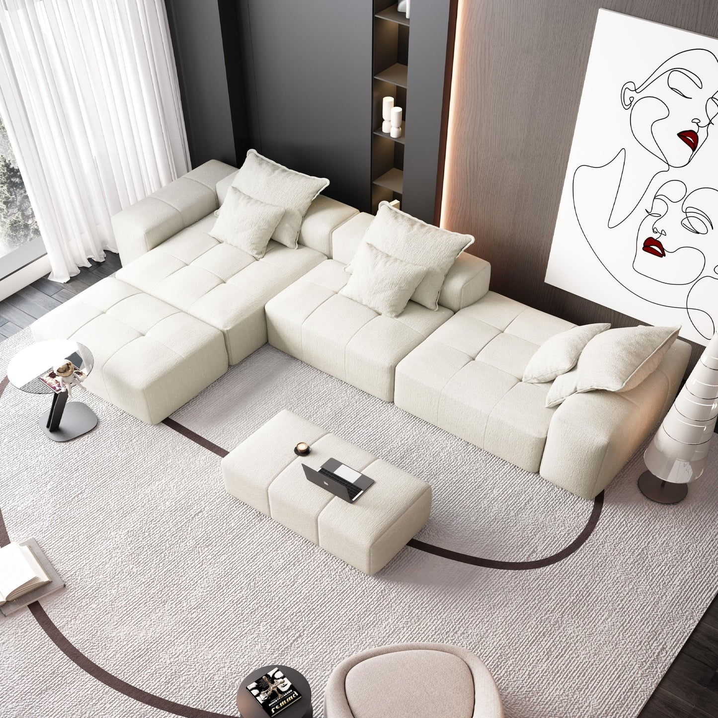 Modern Oversized Chenille Modular Sectional Sofa Tufted Sofa with 6 Pillows and Ottoman for Living Room
