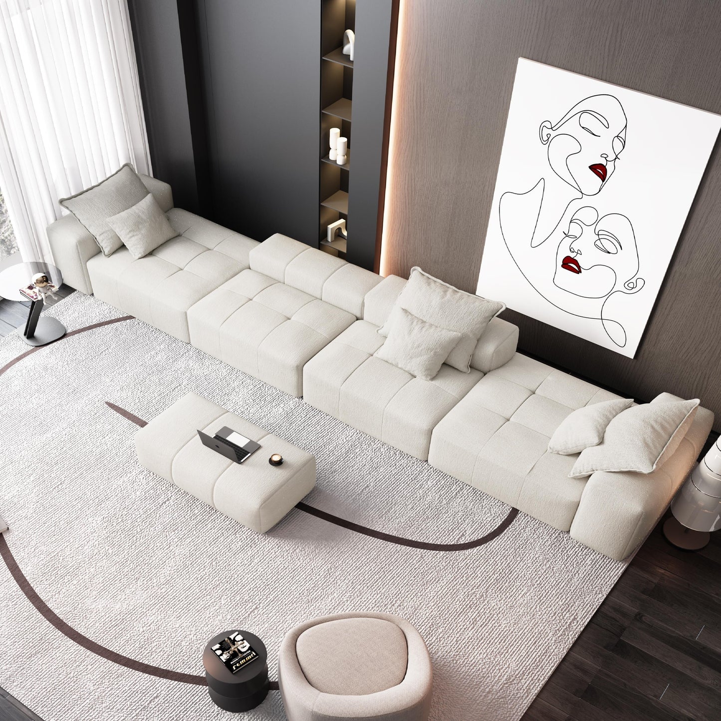 Modern Oversized Chenille Modular Sectional Sofa Tufted Sofa with 6 Pillows and Ottoman for Living Room