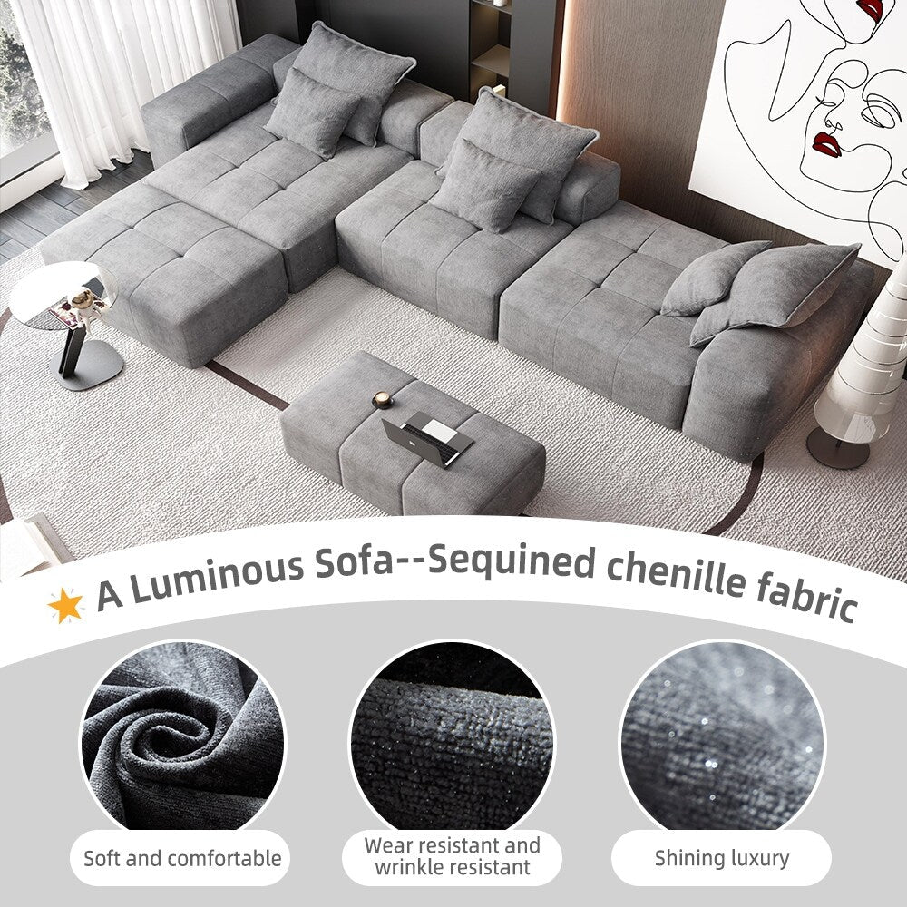 Modern Oversized Chenille Modular Sectional Sofa Tufted Sofa with 6 Pillows and Ottoman for Living Room
