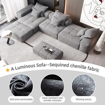 Modern Oversized Chenille Modular Sectional Sofa Tufted Sofa with 6 Pillows and Ottoman for Living Room