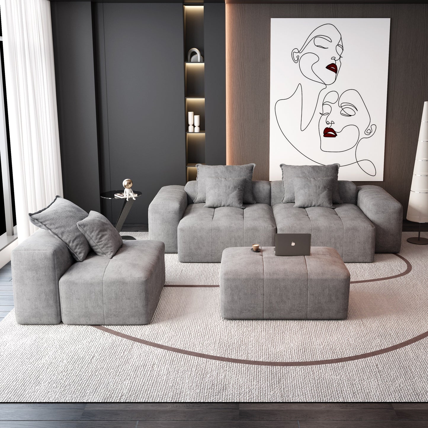 Modern Oversized Chenille Modular Sectional Sofa Tufted Sofa with 6 Pillows and Ottoman for Living Room