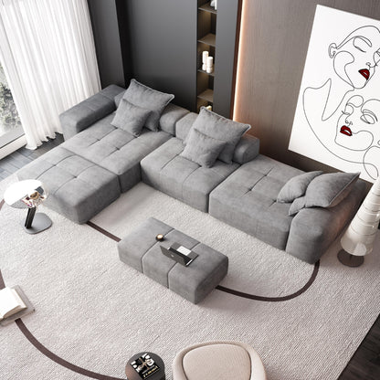 Modern Oversized Chenille Modular Sectional Sofa Tufted Sofa with 6 Pillows and Ottoman for Living Room