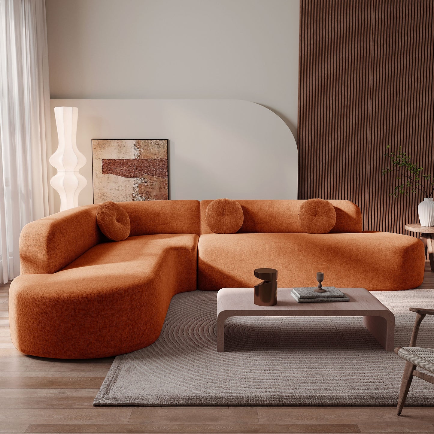 Modern Oversized Curved 4-Seater Sectional Sofa with 3 Round Pillows for Living Room