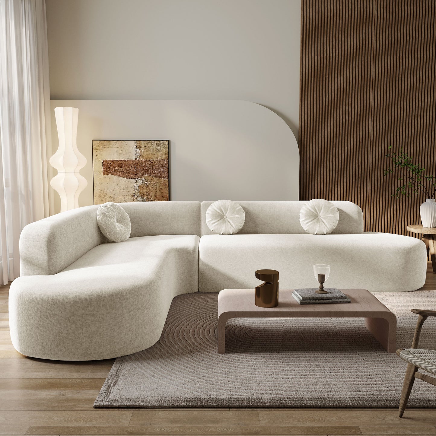 Modern Oversized Curved 4-Seater Sectional Sofa with 3 Round Pillows for Living Room