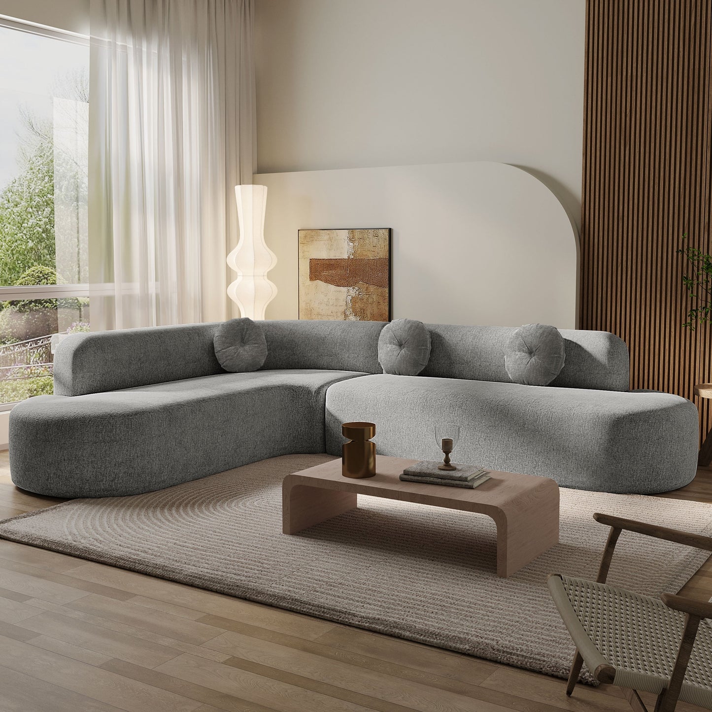 Modern Oversized Curved 4-Seater Sectional Sofa with 3 Round Pillows for Living Room