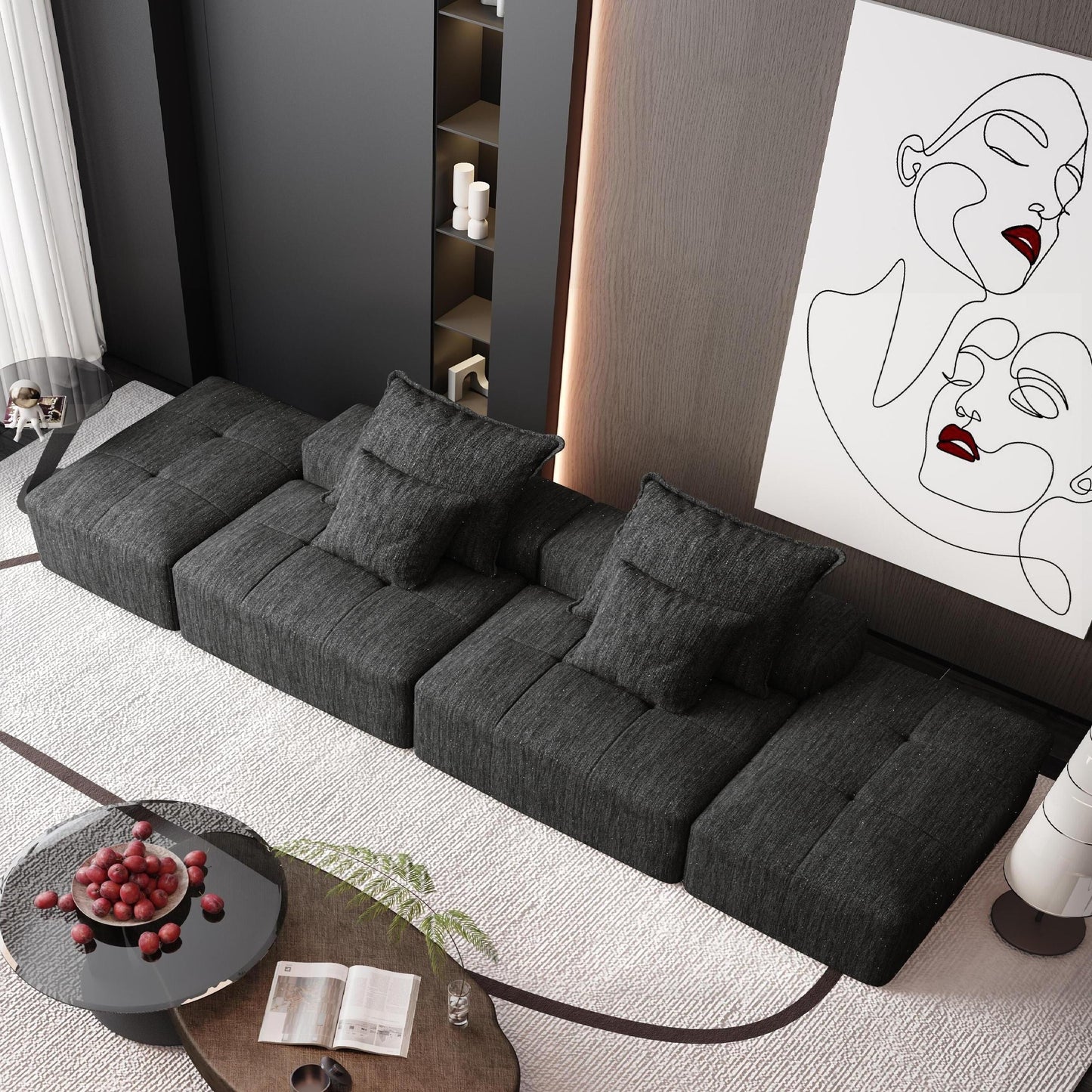 Modern Oversized Modular Chenille Sectional Sofa with 2 Ottomans and 2 Seat, 4 Pillows for Living Room