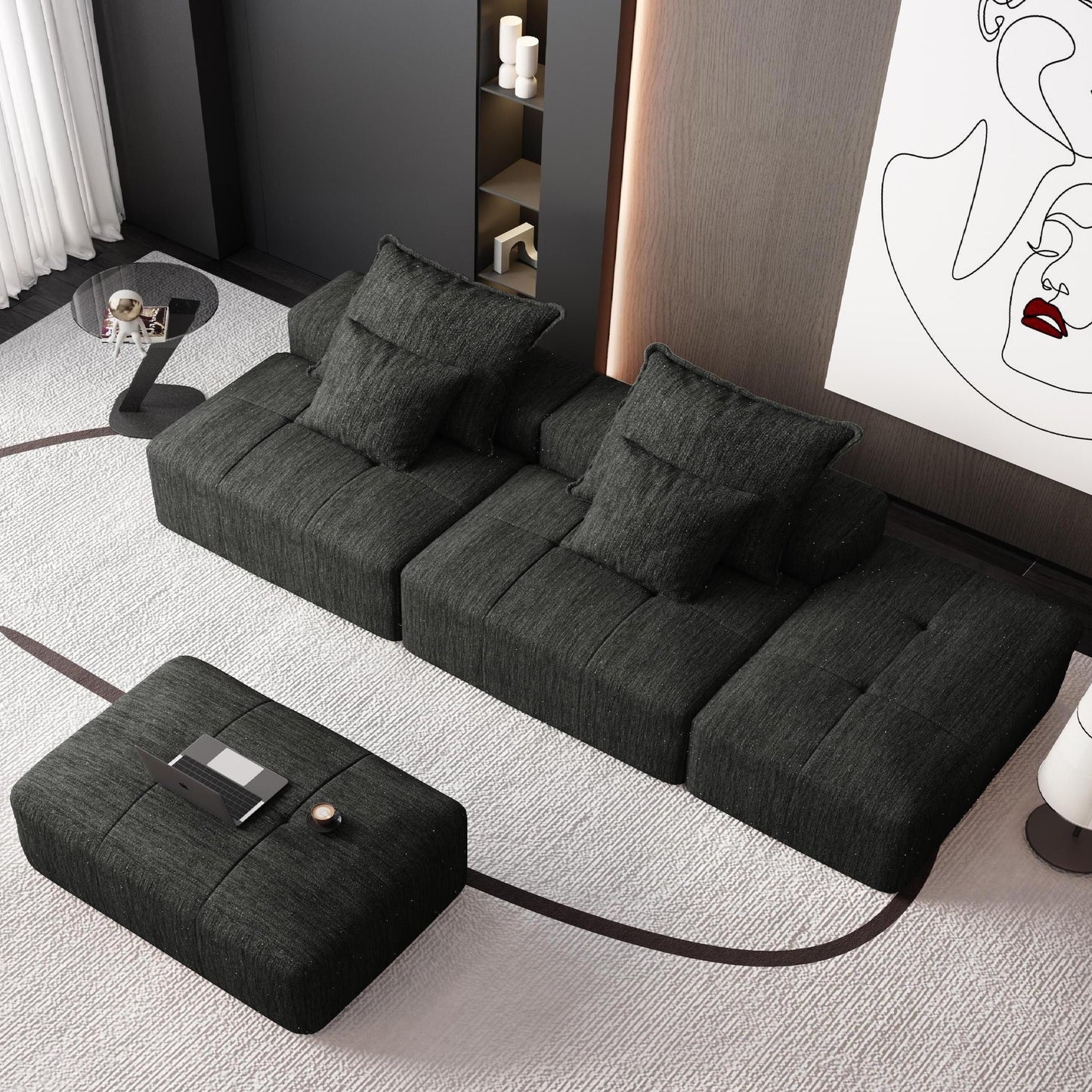 Modern Oversized Modular Chenille Sectional Sofa with 2 Ottomans and 2 Seat, 4 Pillows for Living Room