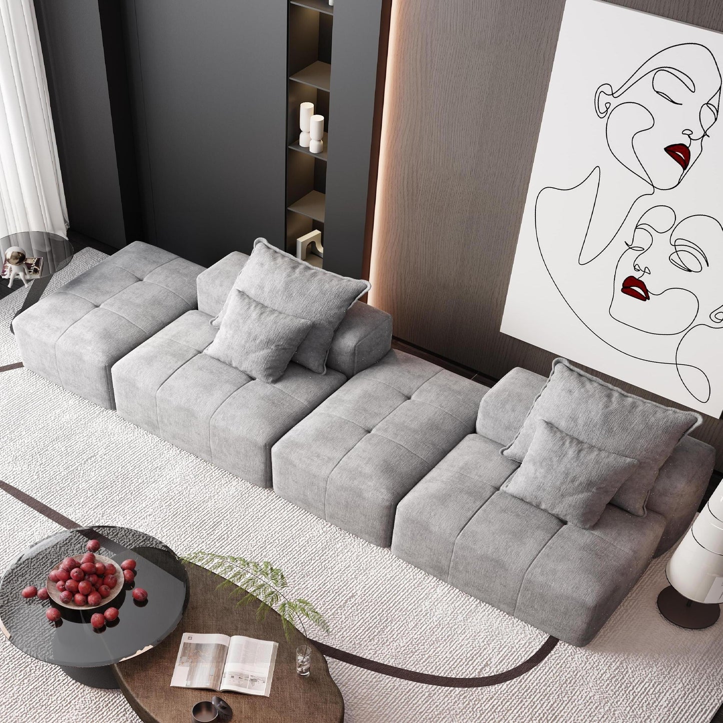 Modern Oversized Modular Chenille Sectional Sofa with 2 Ottomans and 2 Seat, 4 Pillows for Living Room