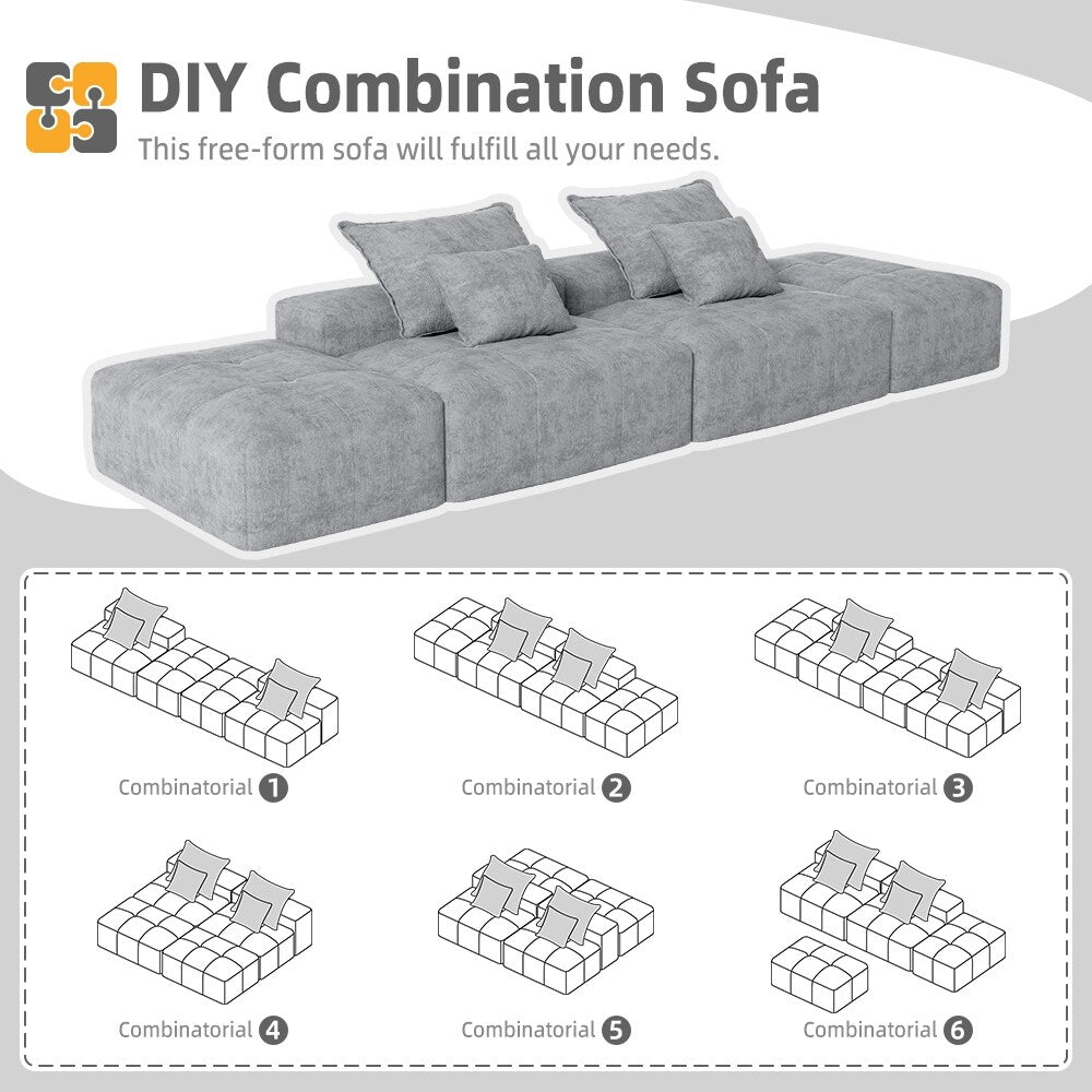 Modern Oversized Modular Chenille Sectional Sofa with 2 Ottomans and 2 Seat, 4 Pillows for Living Room