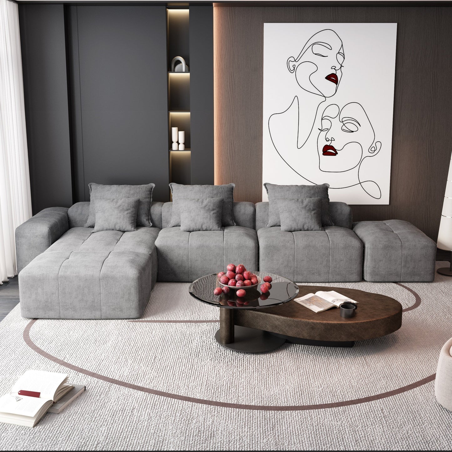 Modern Oversized Modular Chenille Sectional Sofa with Cushions and 6 Pillows for Living Room